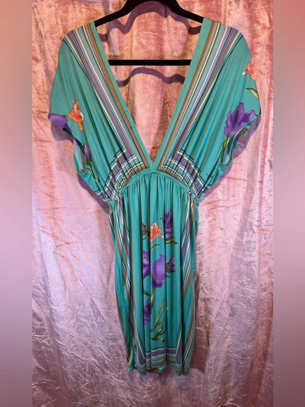 Wet Seal Turquoise Floral V-Neck Dress with Purple & Coral Accents